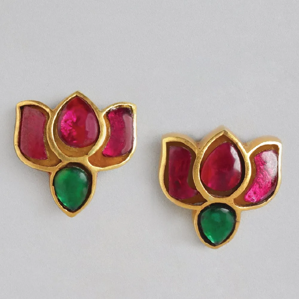 92.5 Silver Kundan Lotus Stud Earrings