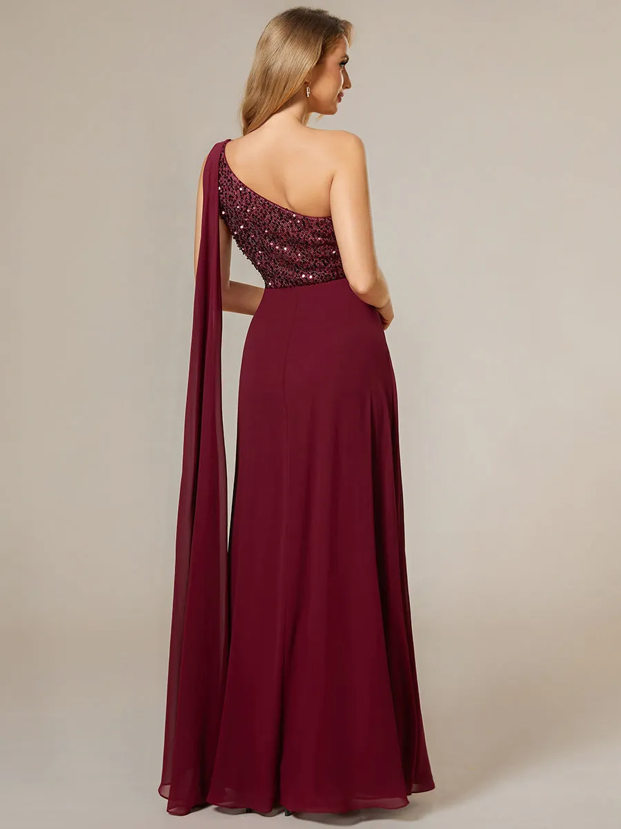 A-Line Shiny Sequin Chiffon Bodice One Shoulder Sleeveless Evening Dresses