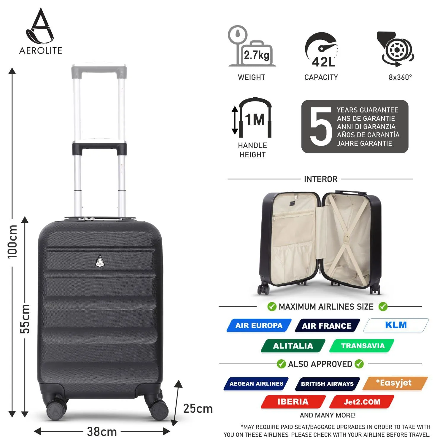 Aerolite (55x35x25cm) Hard Shell Carry On Hand Cabin Luggage Suitcase with 4 Wheels and Built-in TSA Combination Lock, Max Size for Air Europa, Air France, Alitalia, KLM & Transavia