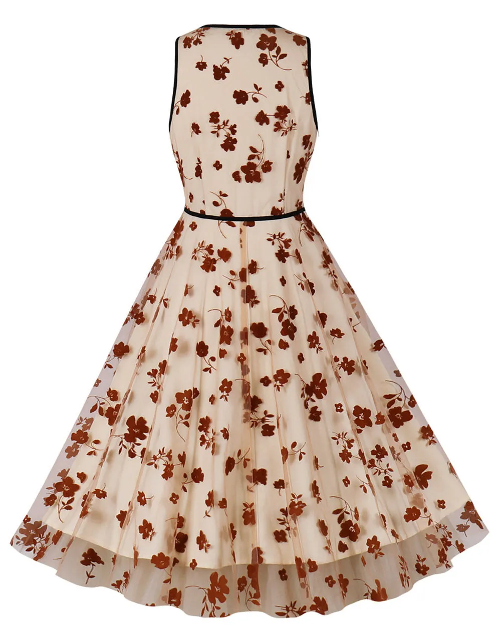 Apricot Flock Printing V Neck 1950S Vintage Swing Dress