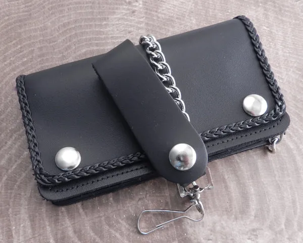 Black Leather Biker Chain Wallet with Braided Edge