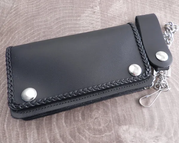 Black Leather Biker Chain Wallet with Braided Edge