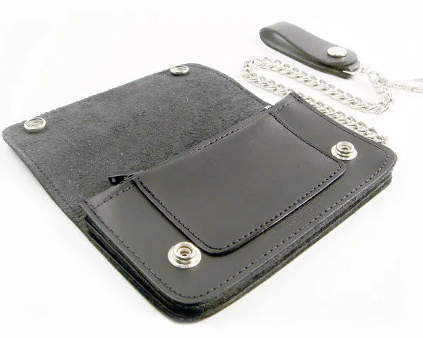 Black Leather Biker Chain Wallet with Braided Edge