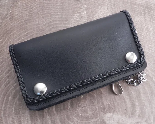 Black Leather Biker Chain Wallet with Braided Edge