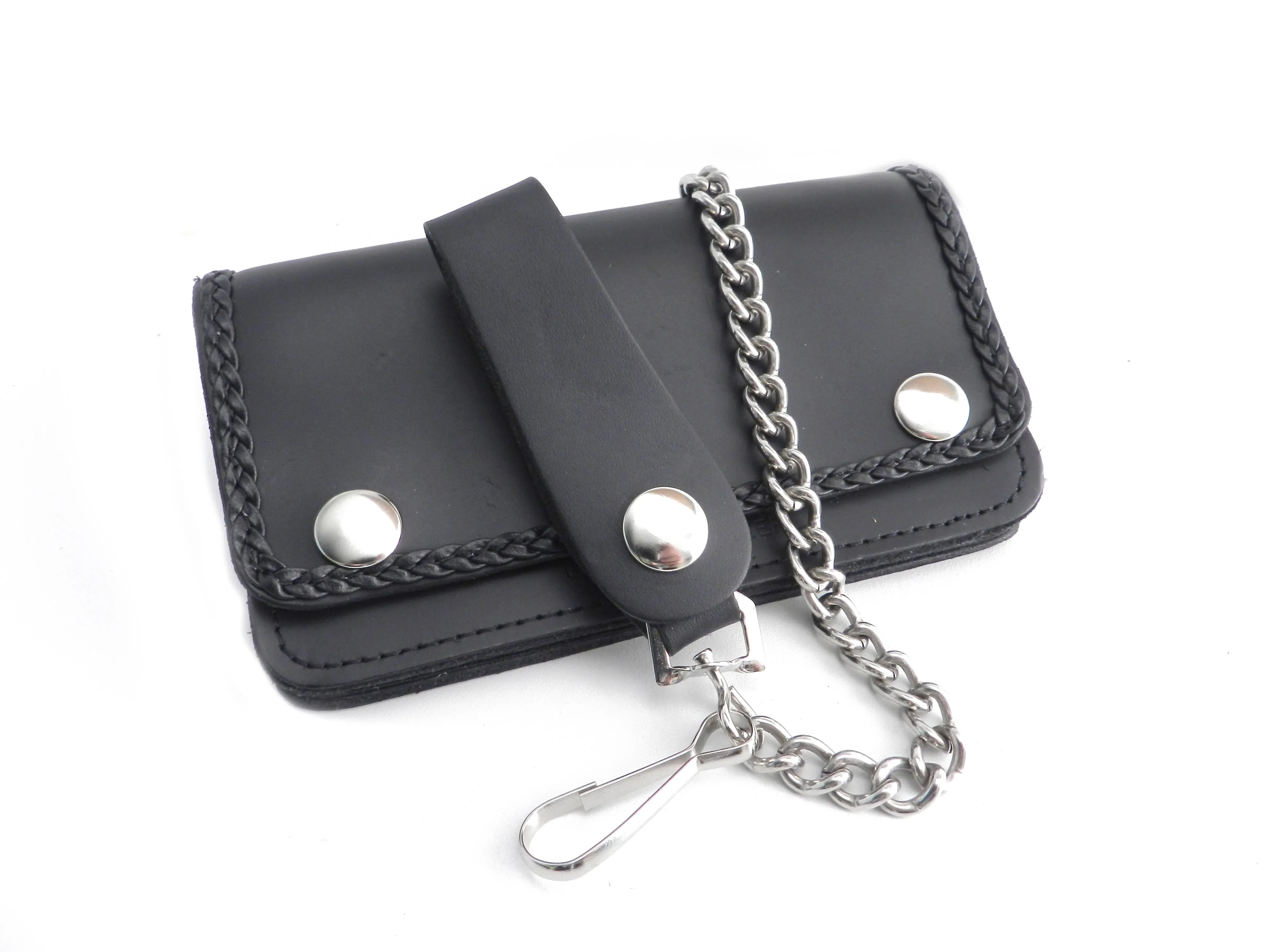 Black Leather Biker Chain Wallet with Braided Edge