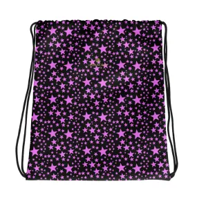 Black Pink Star Drawstring Bag, Star Pattern Print Designer 15"x17" Bag- Made in USA/EU