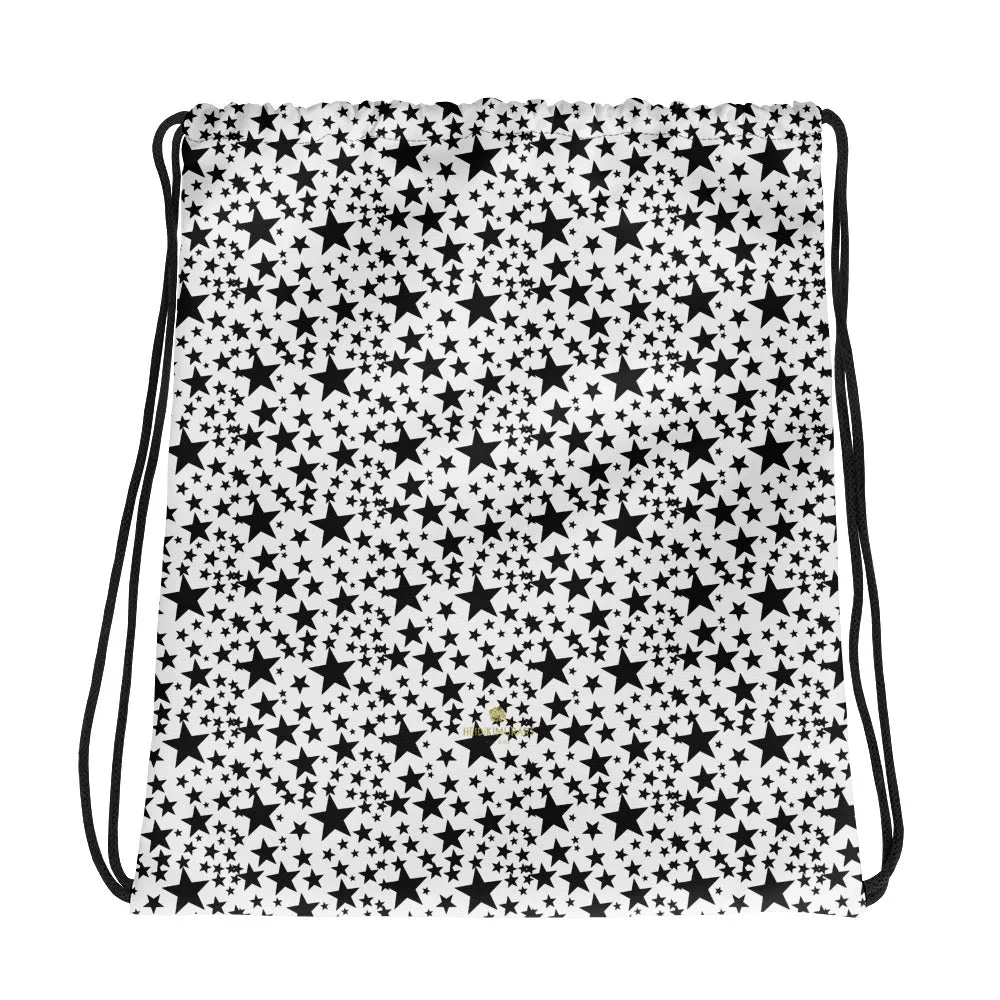 Black Star Drawstring Bag, Pattern White Designer 15"x17" Drawstring Bag-Made in USA/EU