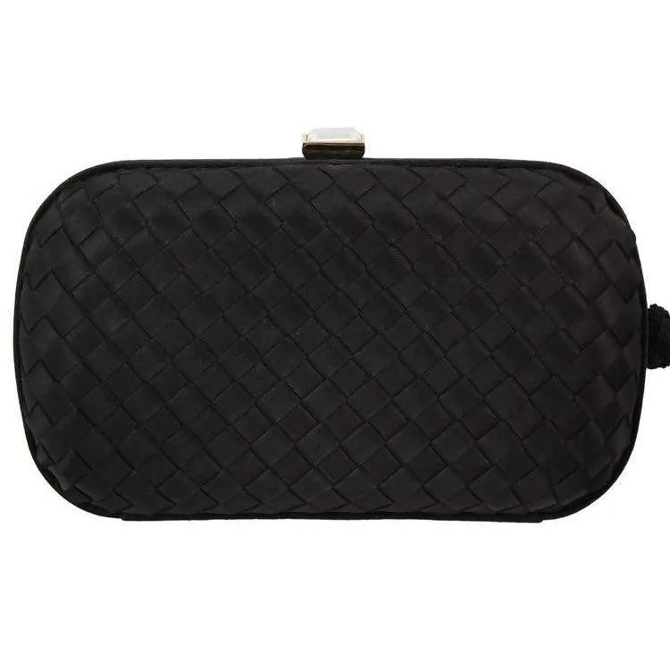 BOTTEGA VENETA Black Satin Woven Jeweled Clutch with Tassel