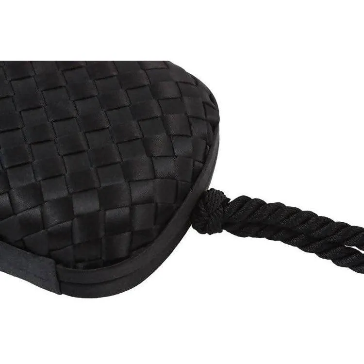 BOTTEGA VENETA Black Satin Woven Jeweled Clutch with Tassel