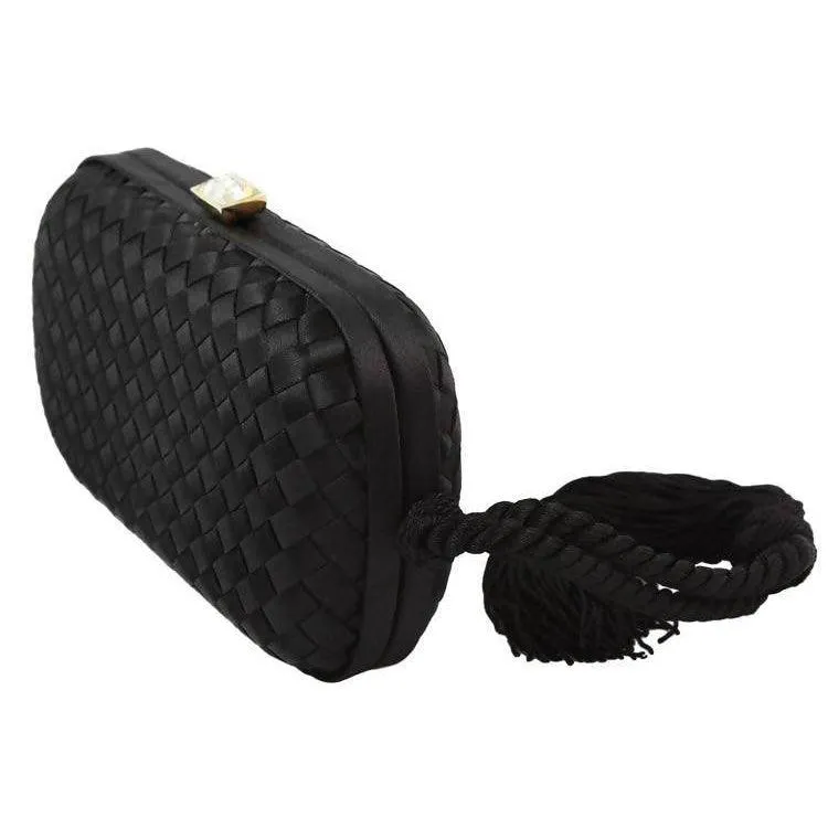 BOTTEGA VENETA Black Satin Woven Jeweled Clutch with Tassel