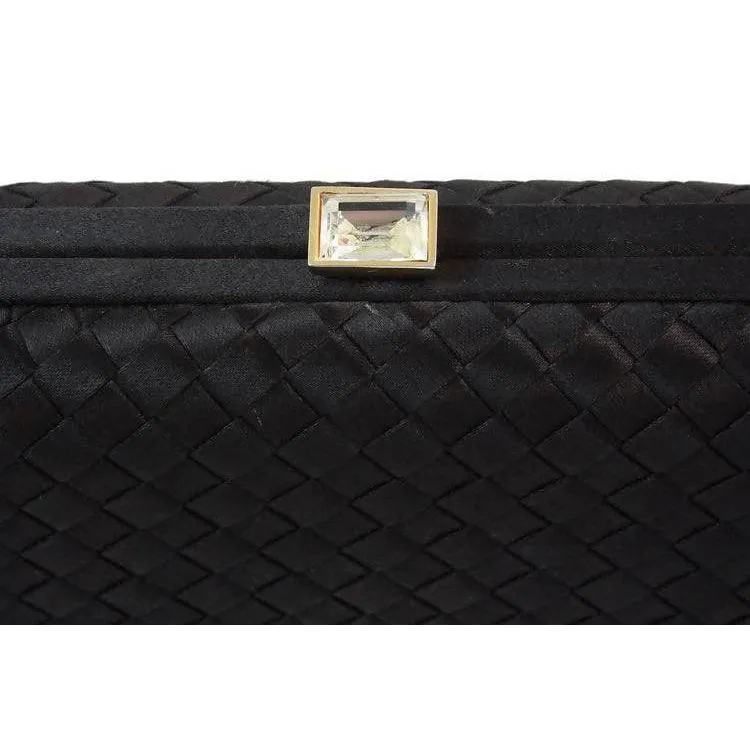 BOTTEGA VENETA Black Satin Woven Jeweled Clutch with Tassel