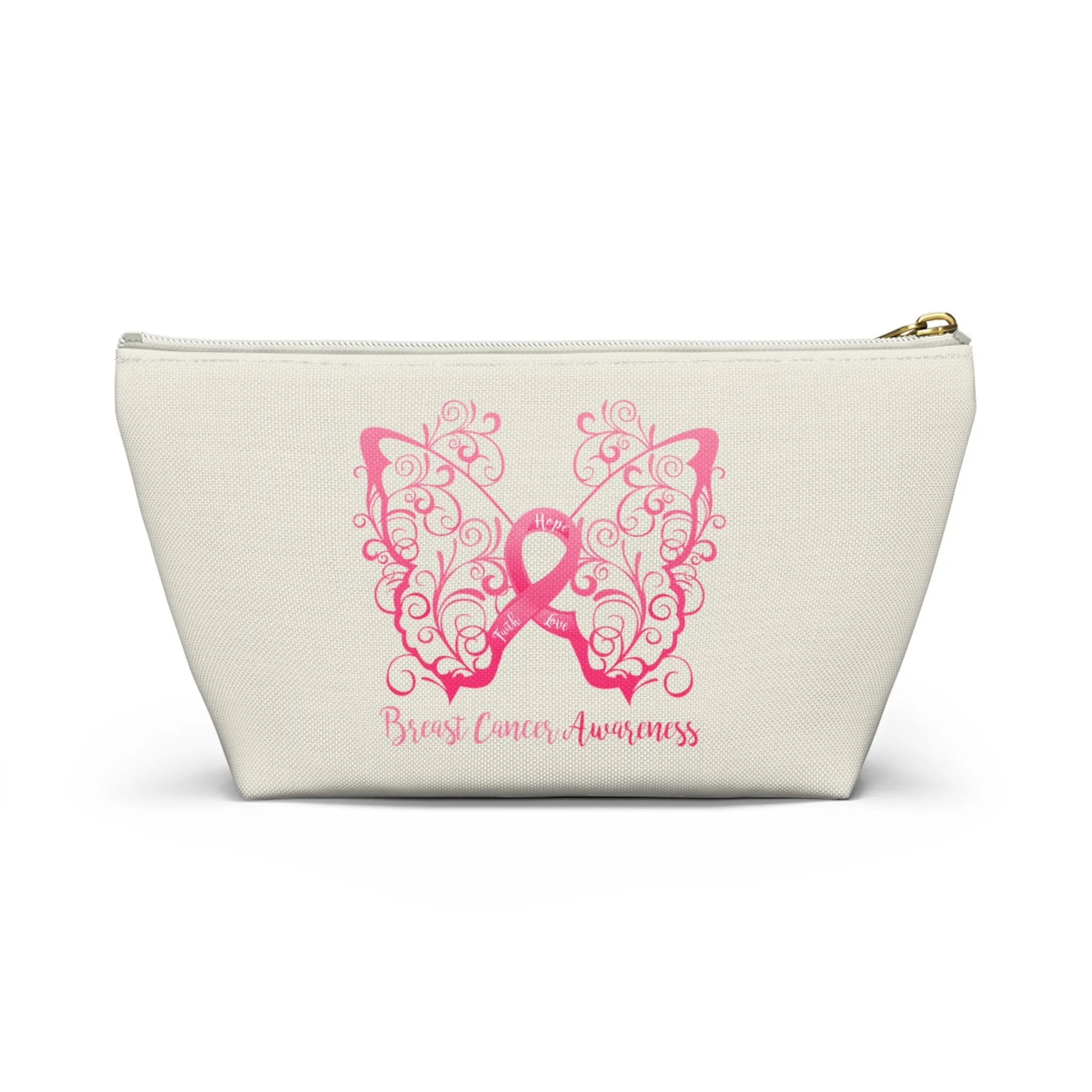 Breast Cancer Awareness Filigree Butterfly Small "Natural" T-Bottom Accessory Pouch (Dual-Sided Design)