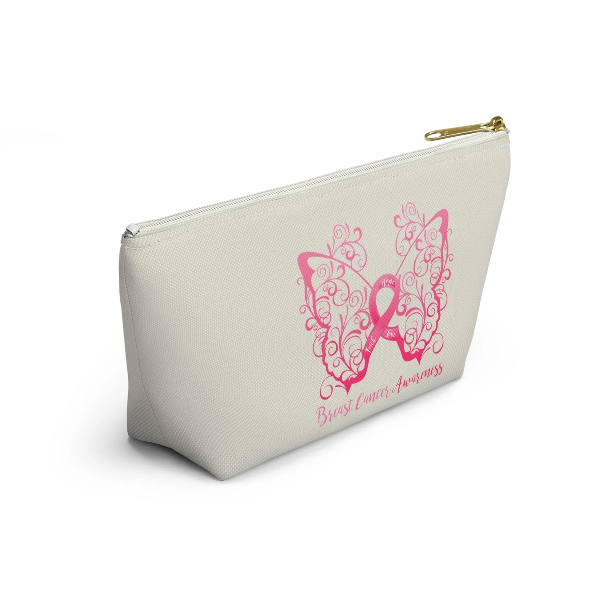 Breast Cancer Awareness Filigree Butterfly Small "Natural" T-Bottom Accessory Pouch (Dual-Sided Design)