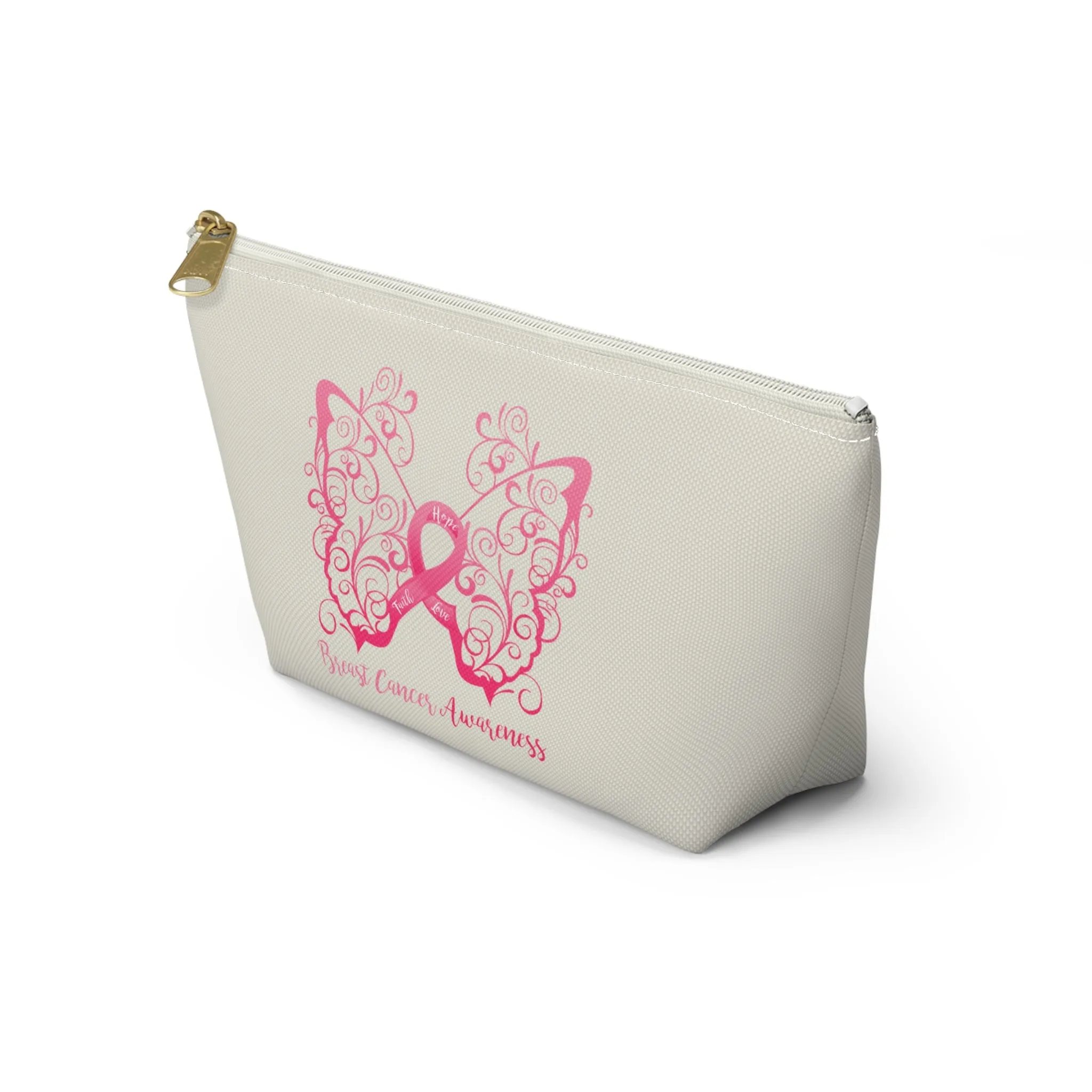 Breast Cancer Awareness Filigree Butterfly Small "Natural" T-Bottom Accessory Pouch (Dual-Sided Design)