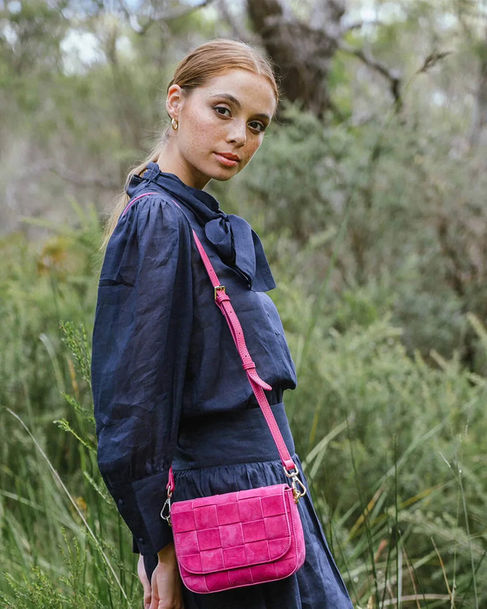 Clara Weave Crossbody - Hot Pink Suede