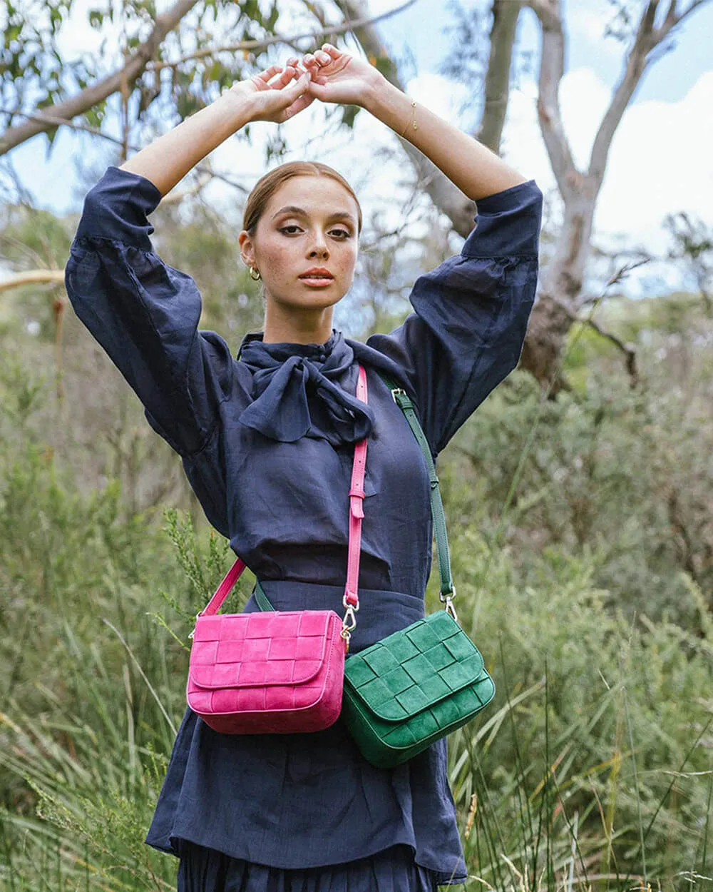 Clara Weave Crossbody - Hot Pink Suede