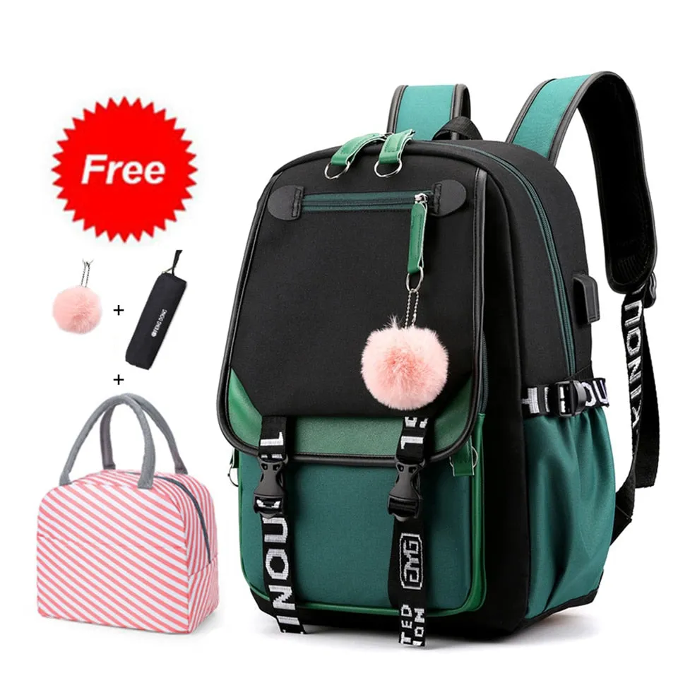 deanwangkt Teen Girl School Backpack with USB Charging Port 15.6 Inch Laptop Bag Water Resistant Nylon School Bookbag New