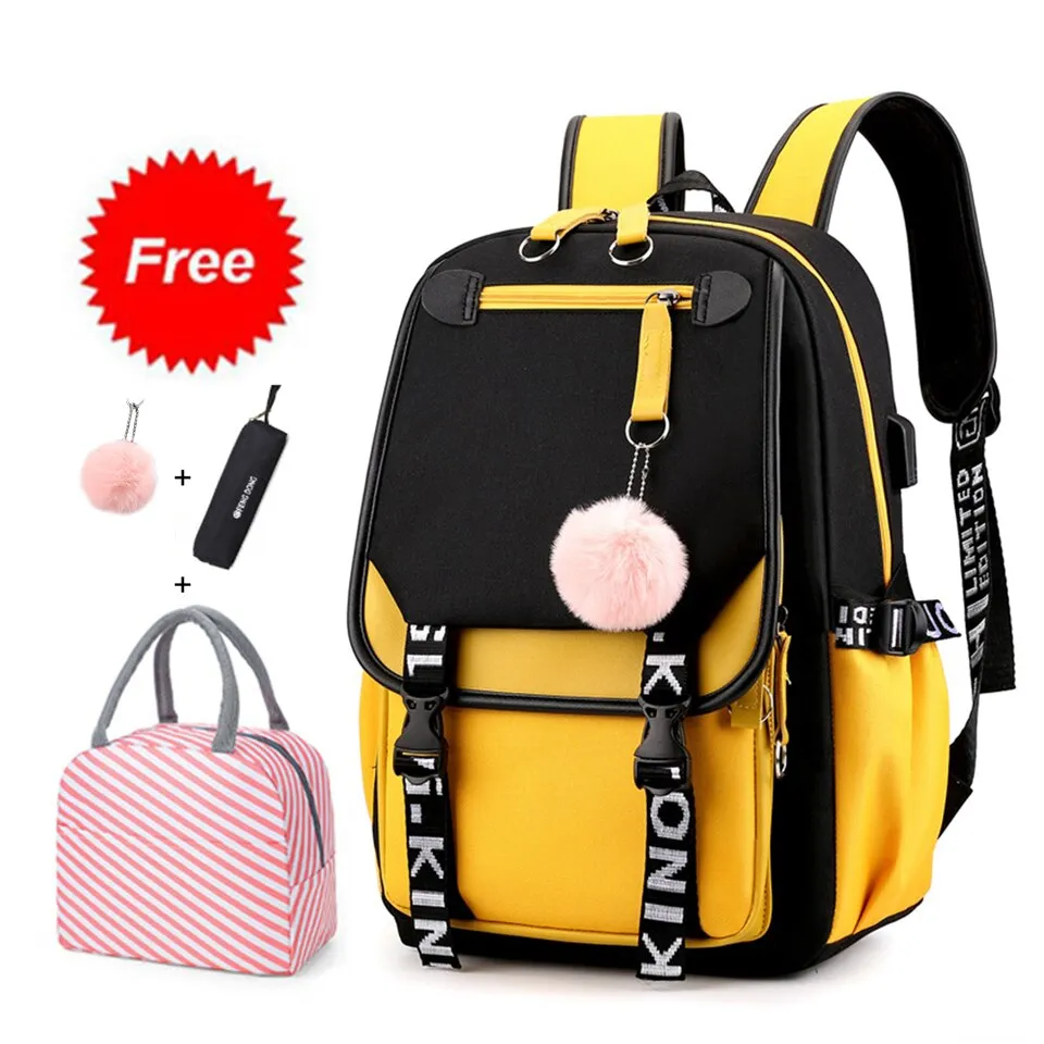 deanwangkt Teen Girl School Backpack with USB Charging Port 15.6 Inch Laptop Bag Water Resistant Nylon School Bookbag New