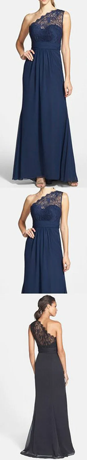 Decent Navy Blue Lace Chiffon One Shoulder A Line Floor-Length Bridesmaid Dresses,SVD491