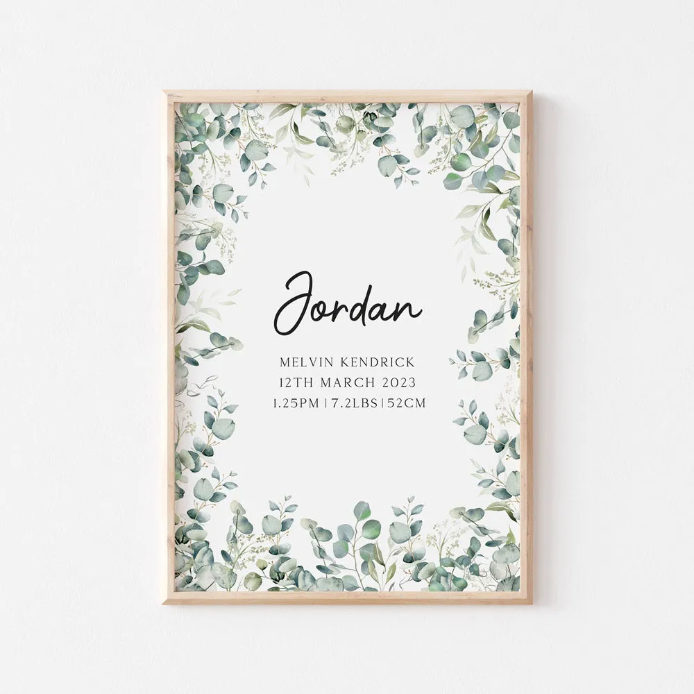 Eucalyptus Birth Detail Keepsake Print