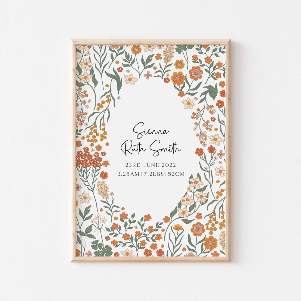 Garden Bloom Birth Detail Keepsake Print