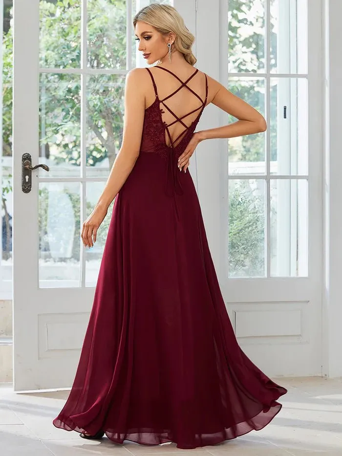 Lace V Back Chiffon Evening Dress