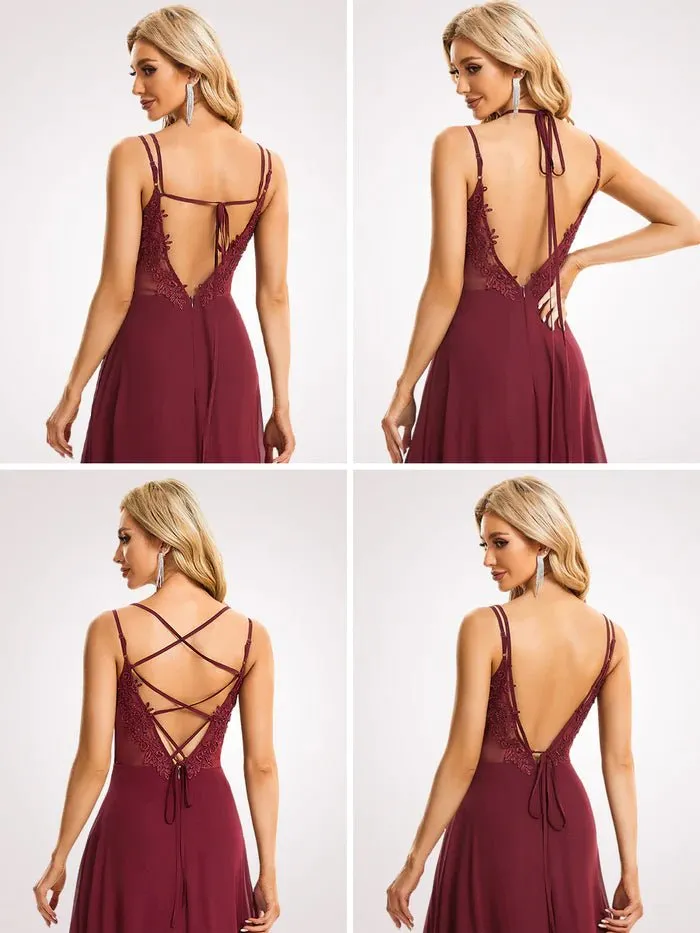 Lace V Back Chiffon Evening Dress