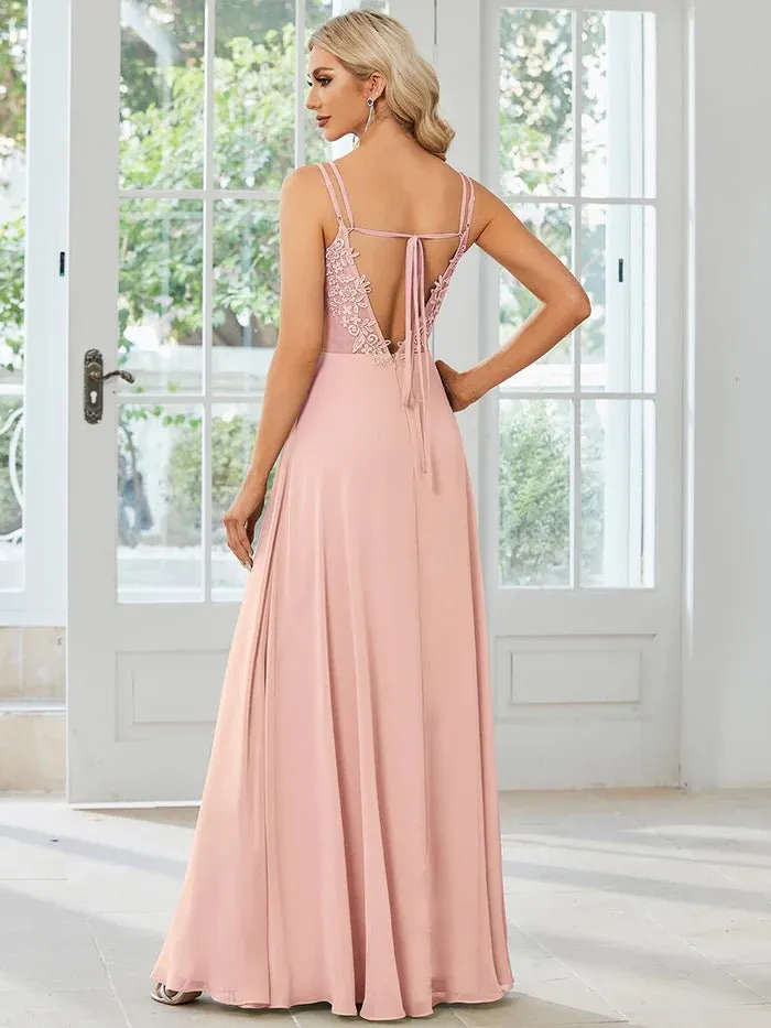 Lace V Back Chiffon Evening Dress