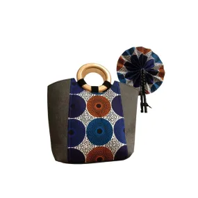 Large Grey African Print Handbag with Assorted Handfan - LBF-4