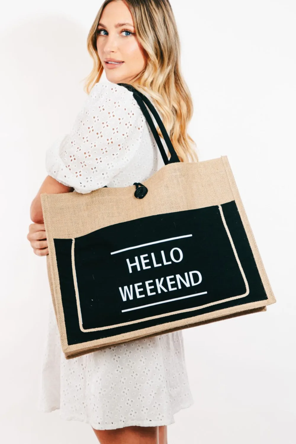 Large Hello Weekend Burlap Tote!