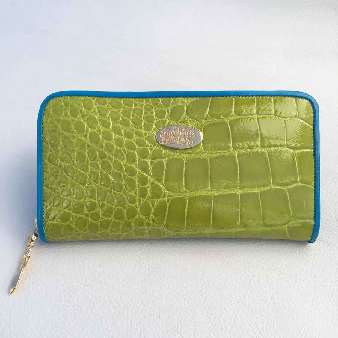 Large Zipper Wallet in Bright Lime Green Crocodile Leather