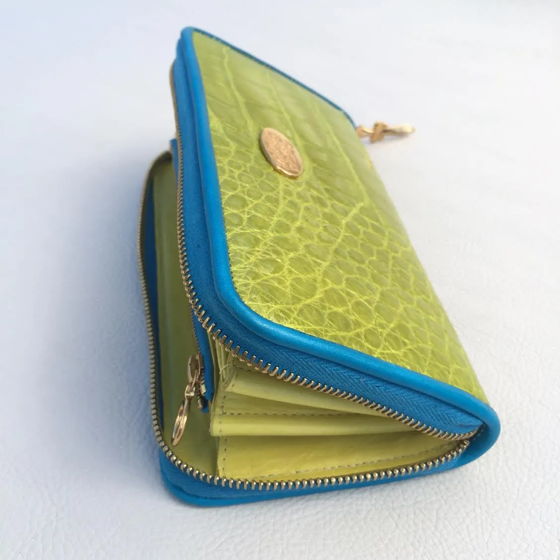 Large Zipper Wallet in Bright Lime Green Crocodile Leather