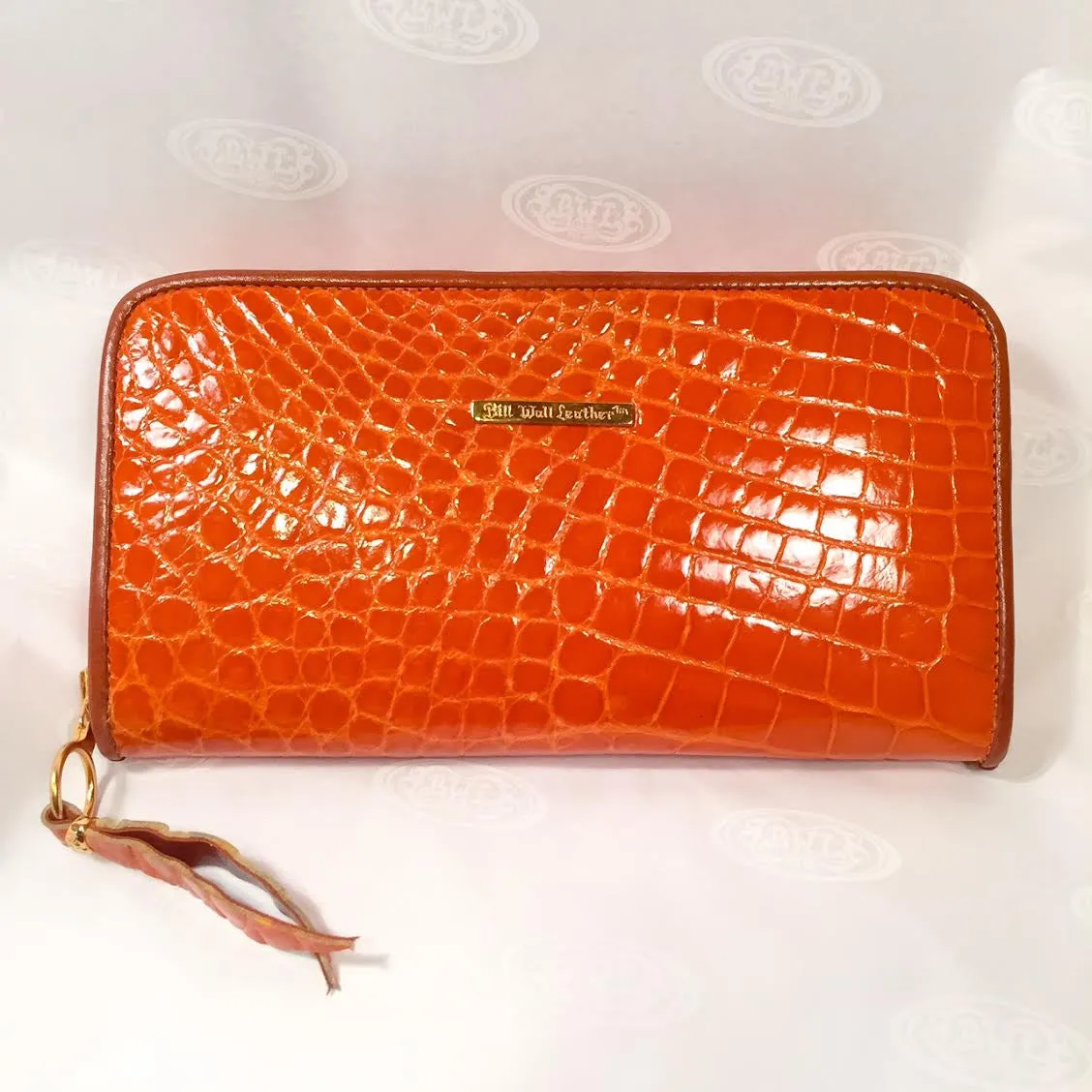 Large Zipper Wallet in Bright Orange Crocodile Leather