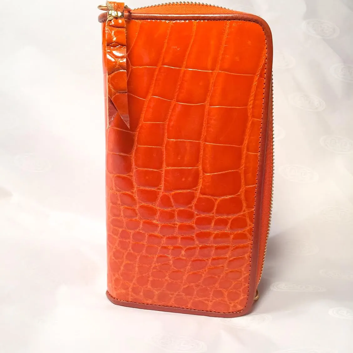 Large Zipper Wallet in Bright Orange Crocodile Leather