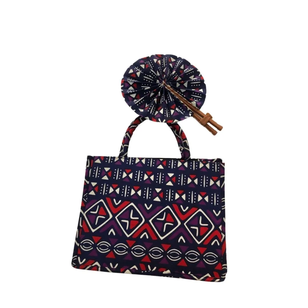 Medium Purple and Red African Print Handbag with Assorted Handfan- MBF-2