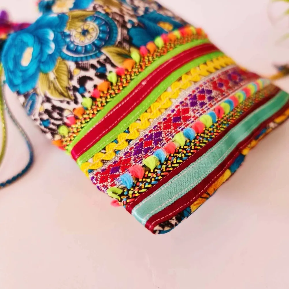 Multicolor Embellished Pouch With Drawstring