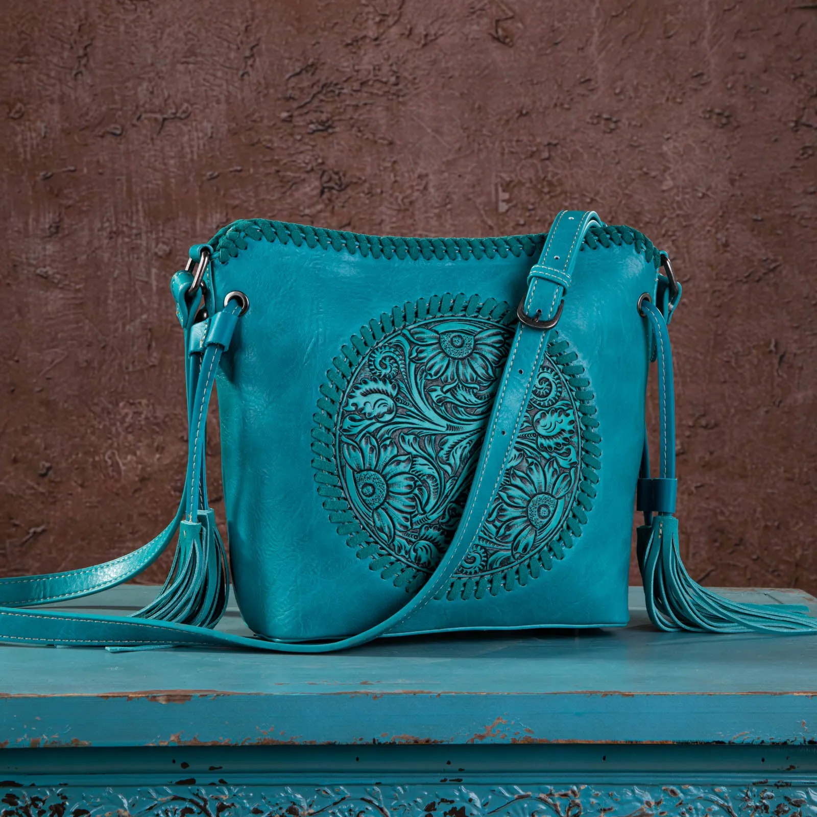 MW1218-8360 Montana West Tooled Collection Saddle Bag - Turquoise