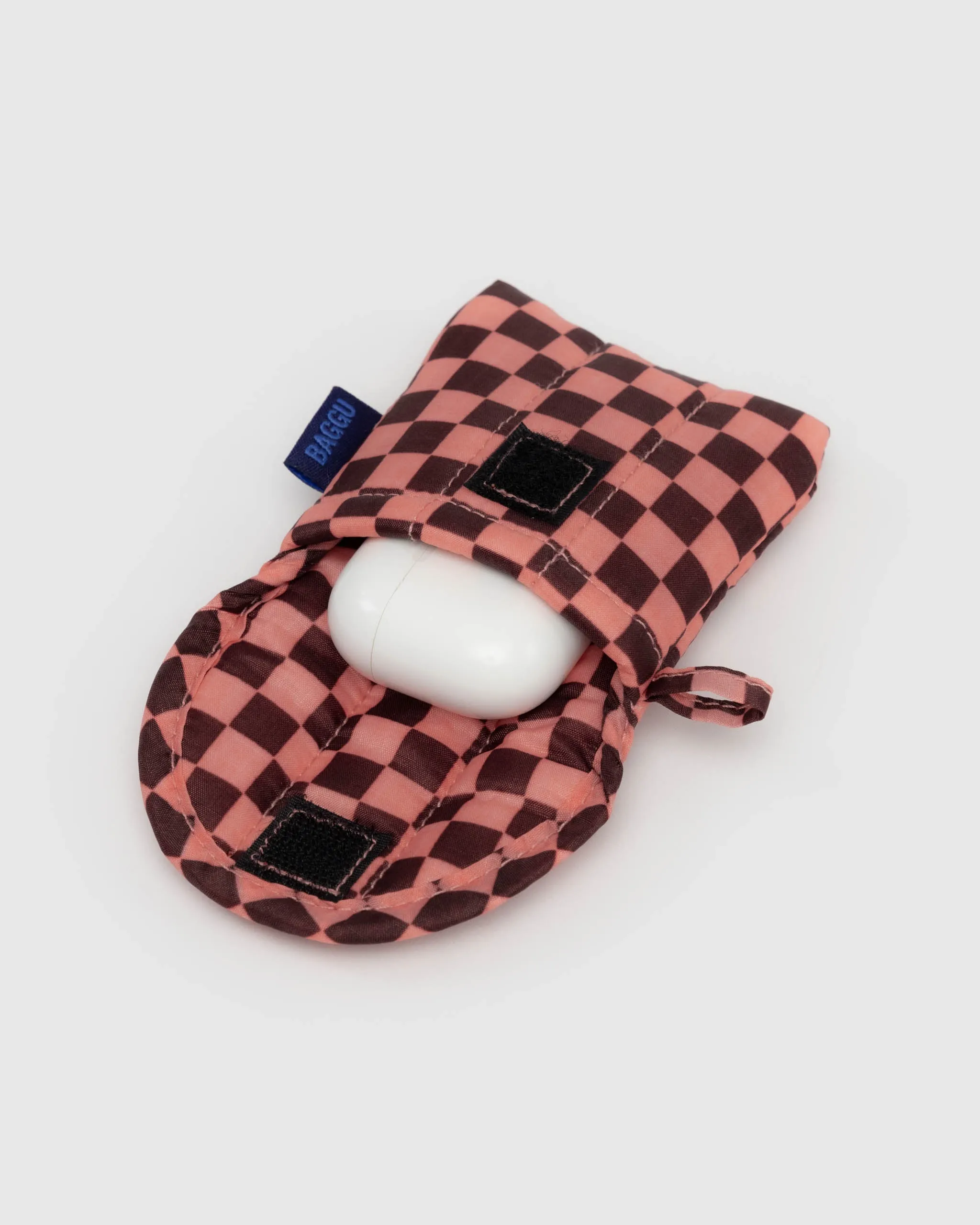 Puffy Earbuds Case in Pink Brown Check