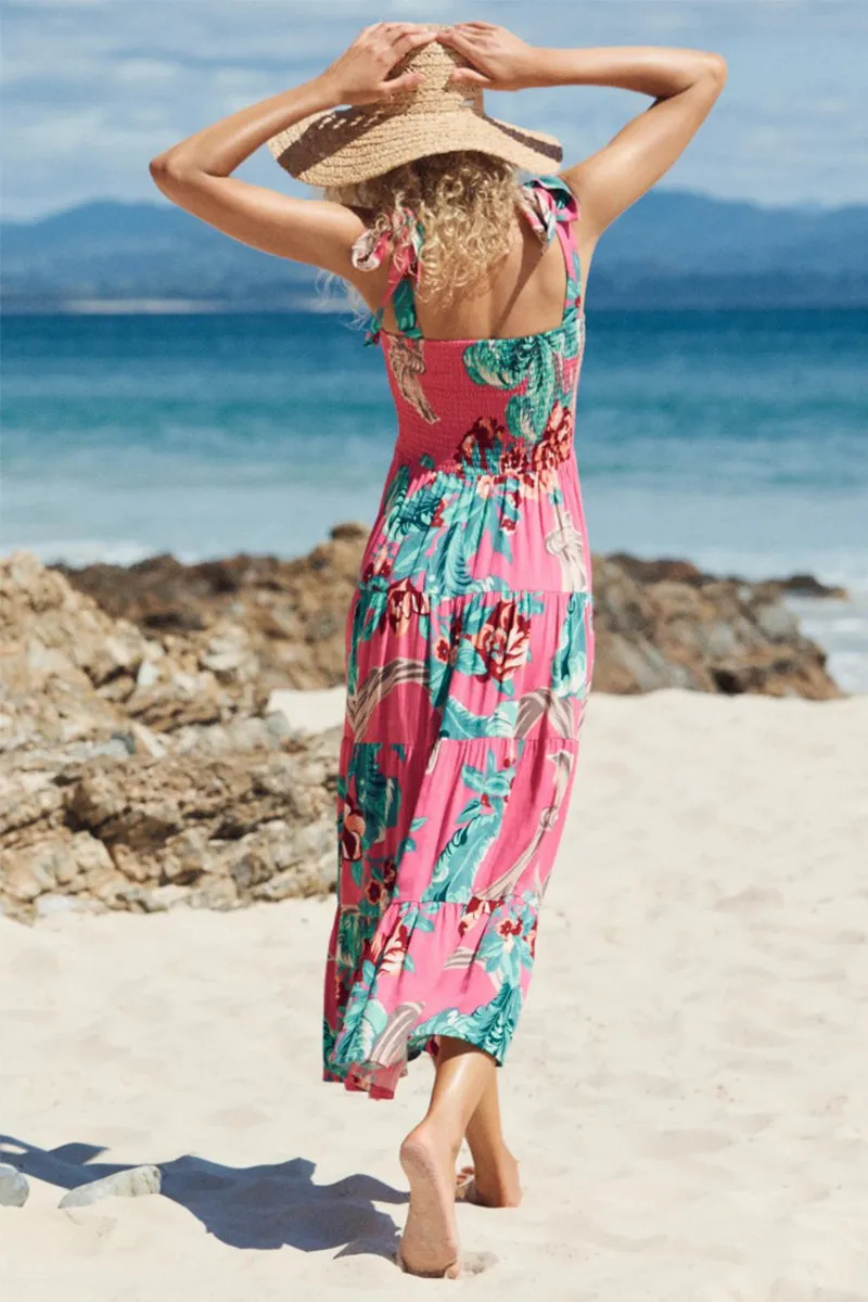 Ruched Bust Print Maxi Dress Tie Shoulder