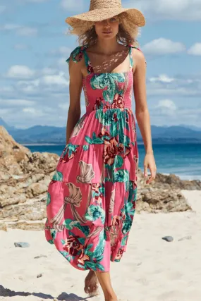 Ruched Bust Print Maxi Dress Tie Shoulder