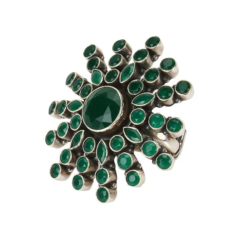 Silver green flower ring