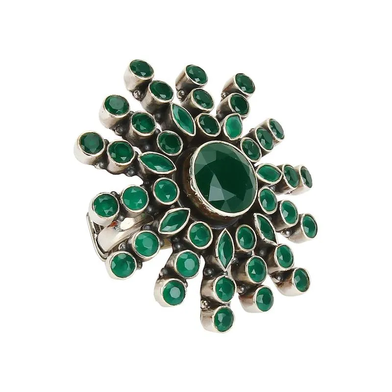 Silver green flower ring